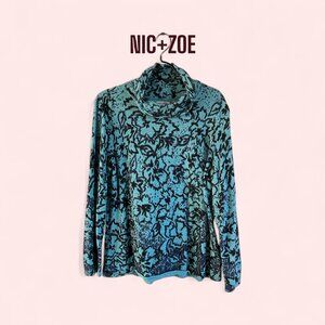 Nic + Zoe River Tundra Turquoise Floral Turtleneck Sweater -60% Cotton